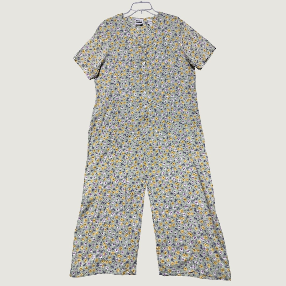 Aline Vintage 90s Floral Jumpsuit Sage Green Rayon Wide Leg Button Front Size L